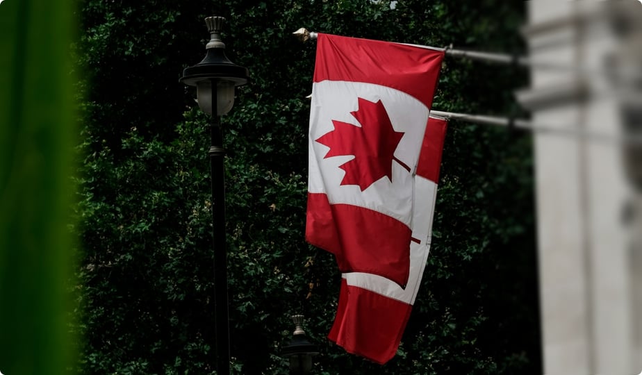 canadian flags hung from a building
