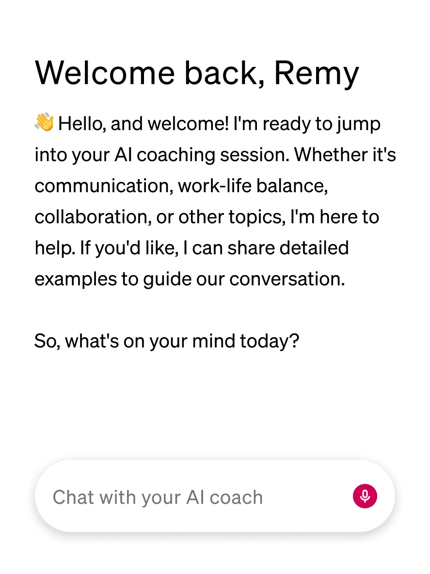 BetterUp AI coach chat interface welcoming a user back and asking what's on their mind