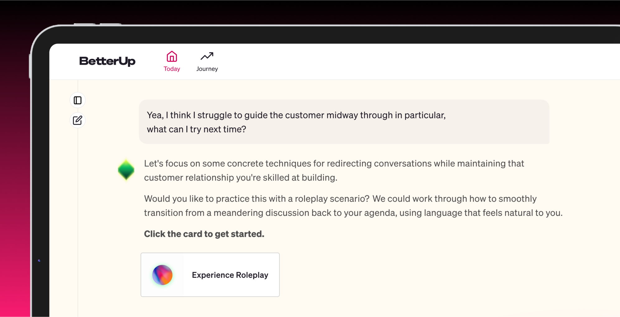 ipad showing betterup roleplay interface