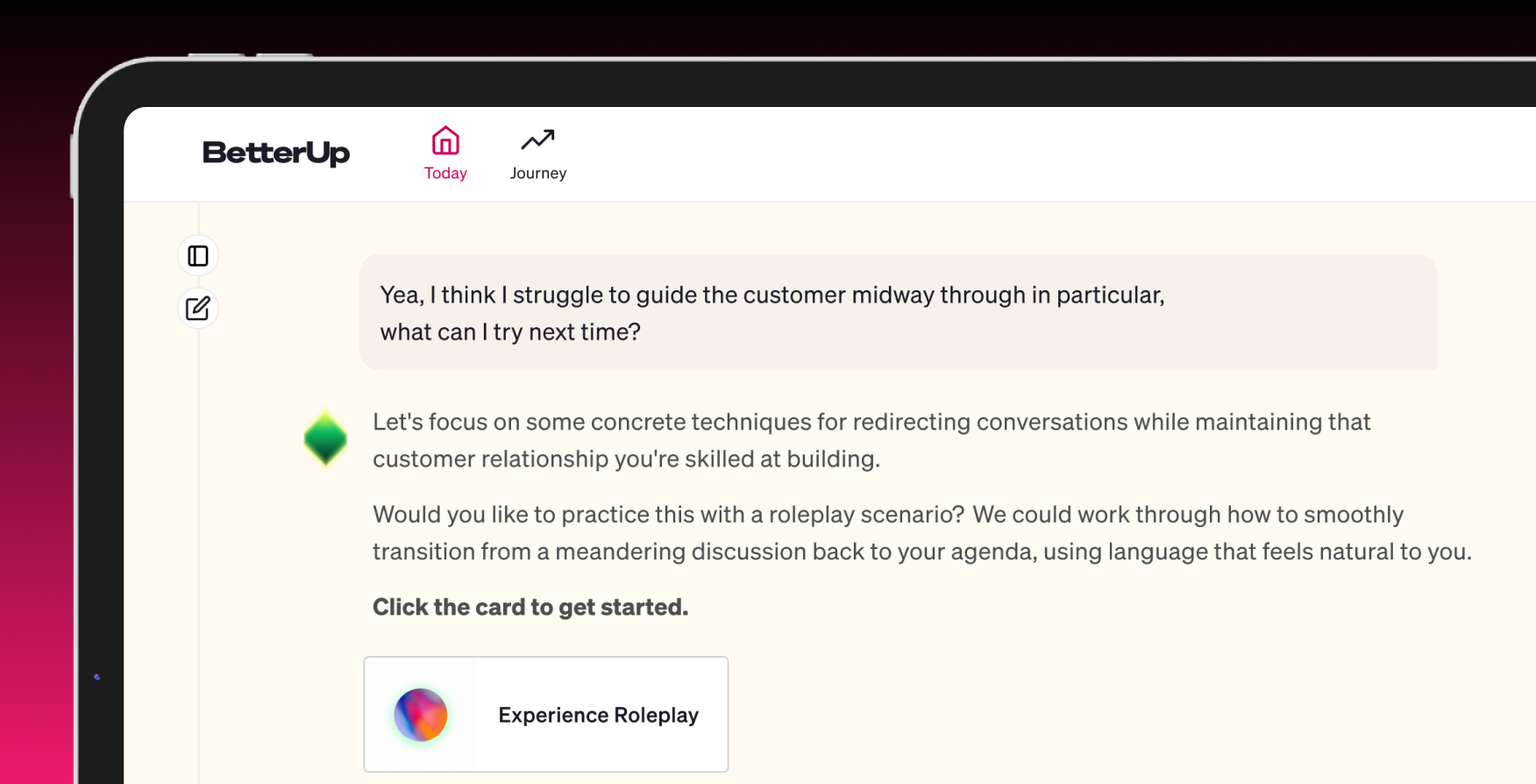 Screenshot of BetterUp’s AI coaching interface showing a conversation where the coach suggests practicing customer conversation techniques through a roleplay exercise, with a button labeled “Experience Roleplay.”