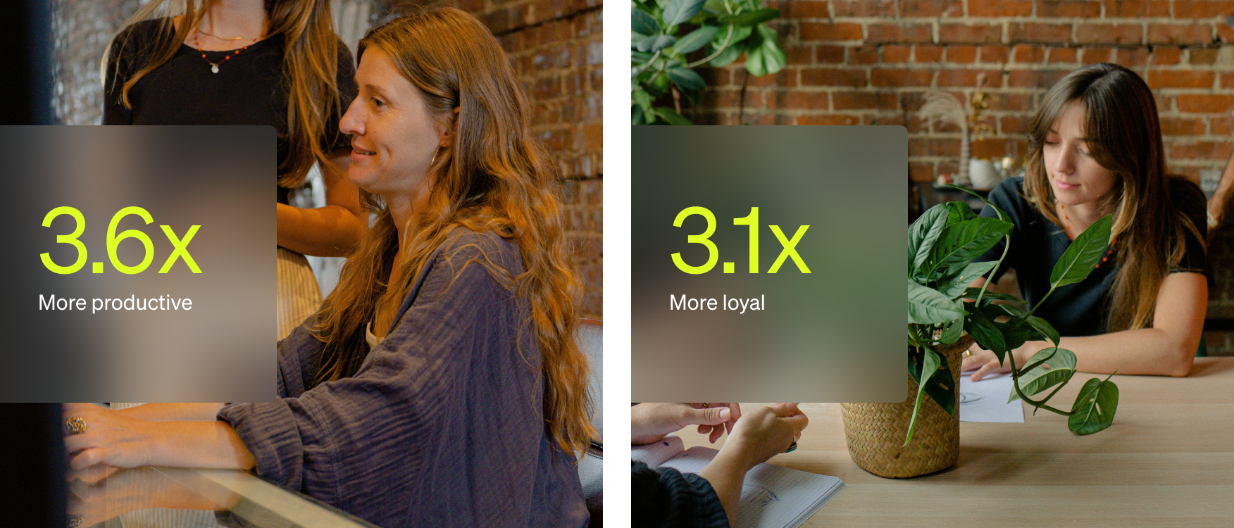 Two employees working with overlaid stats showing 3.6x more productive and 3.1x more loyal.