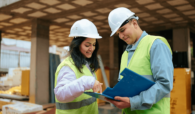 construction site workers discussing plans