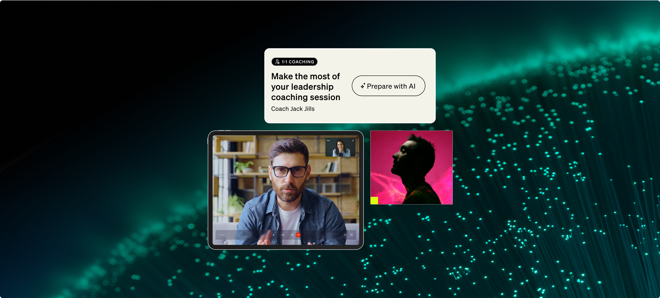 Graphic showing a tablet video call with a coach and an interface prompt labeled “Make the most of your leadership coaching session” and “Prepare with AI,” against a digital background of green data points.