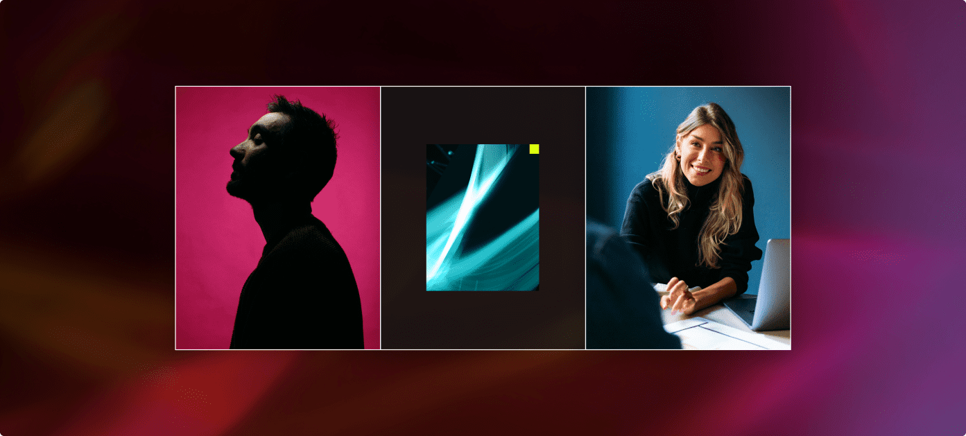 A horizontal collage showing three panels: a man in profile against a red background, an abstract teal and black design in the center, and a woman smiling at her desk with a laptop against a blue background.